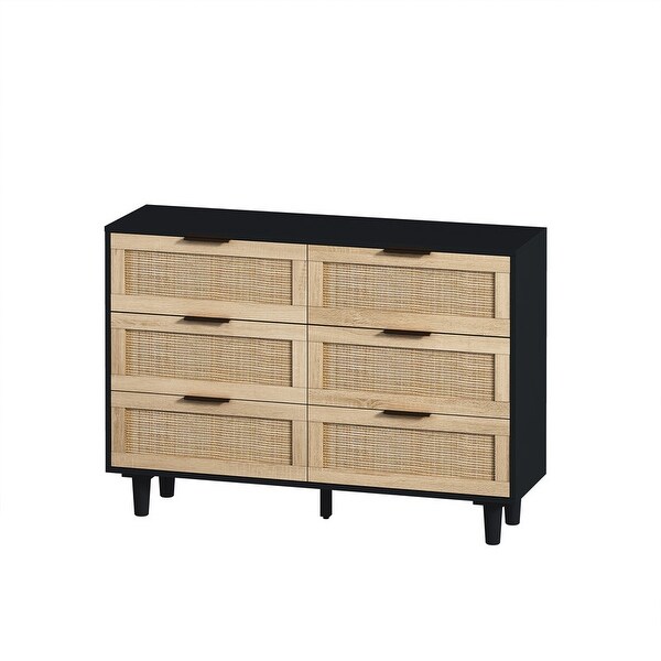 6 Drawer Dresser for Bedroom， Modern Rattan Closet Dressers Chest of Drawers， Wood Storage Cabinets Corner Bedside Table - - 37851519