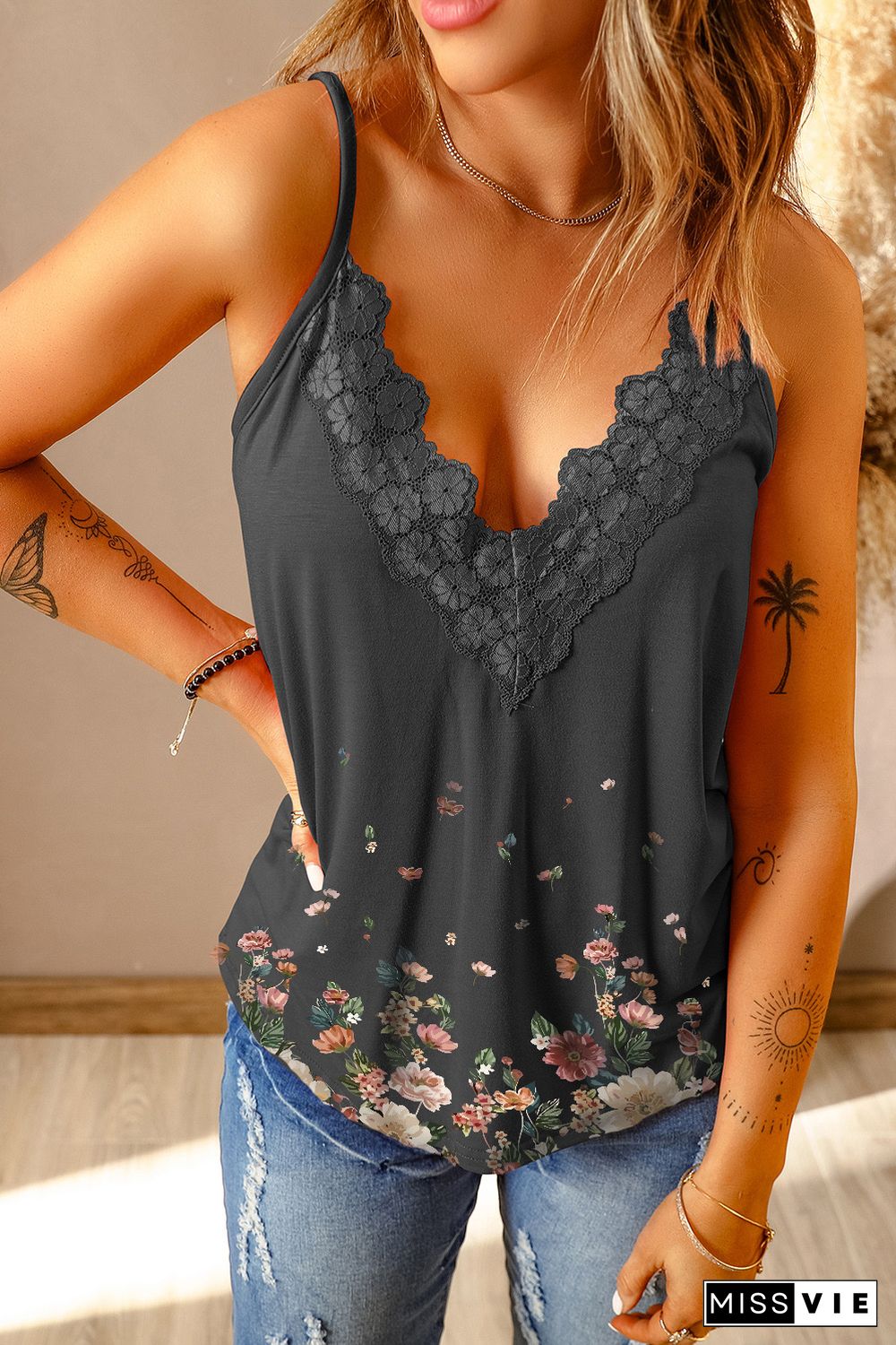 Black Floral Print Lace Crochet Splicing V Neck Cami Top