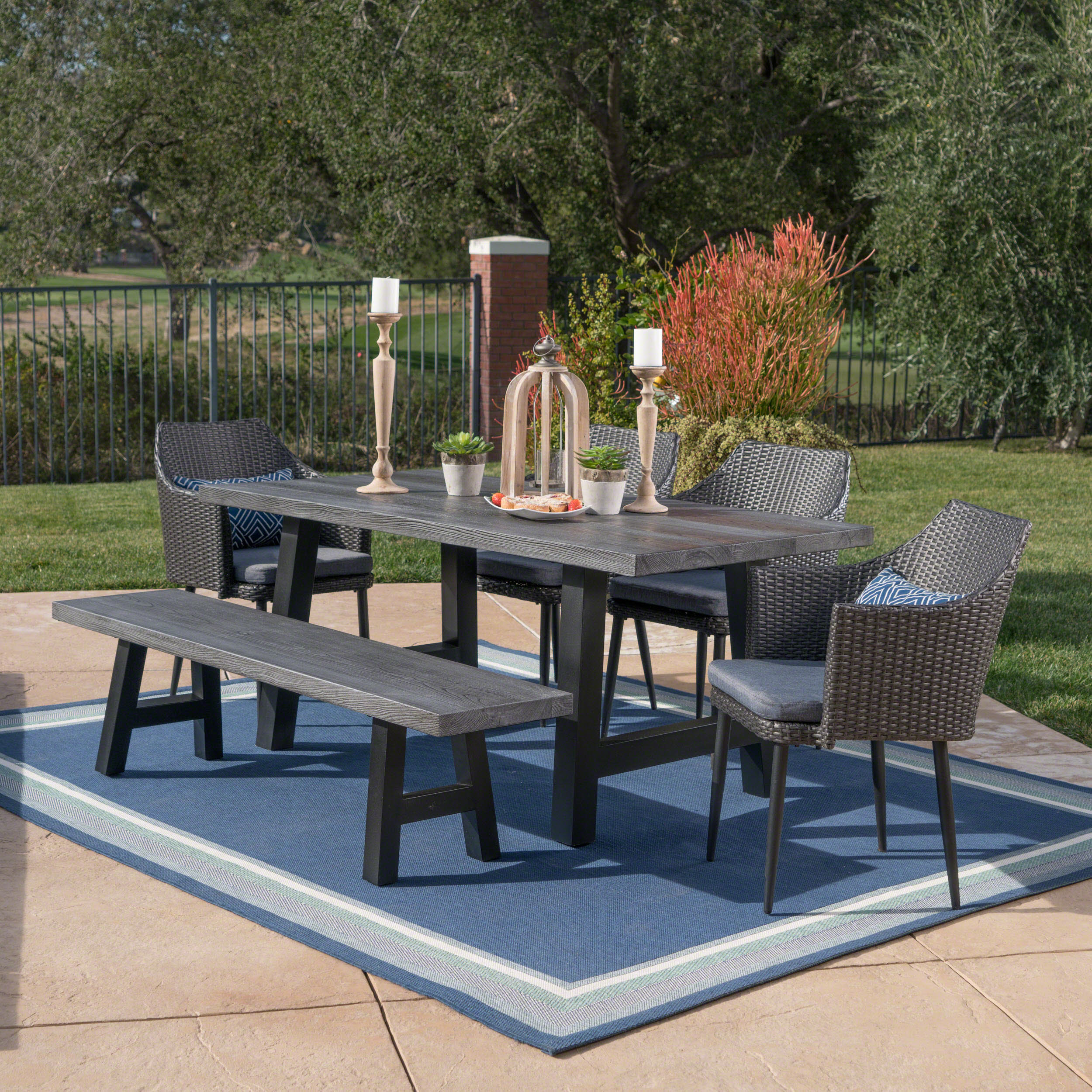 Gina Outdoor 6 Piece Wicker Dining Set with Concrete Table and Bench