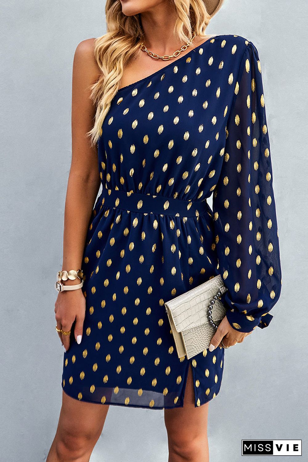 Foil Spot Print One Shoulder Long Sleeves Mini Dress