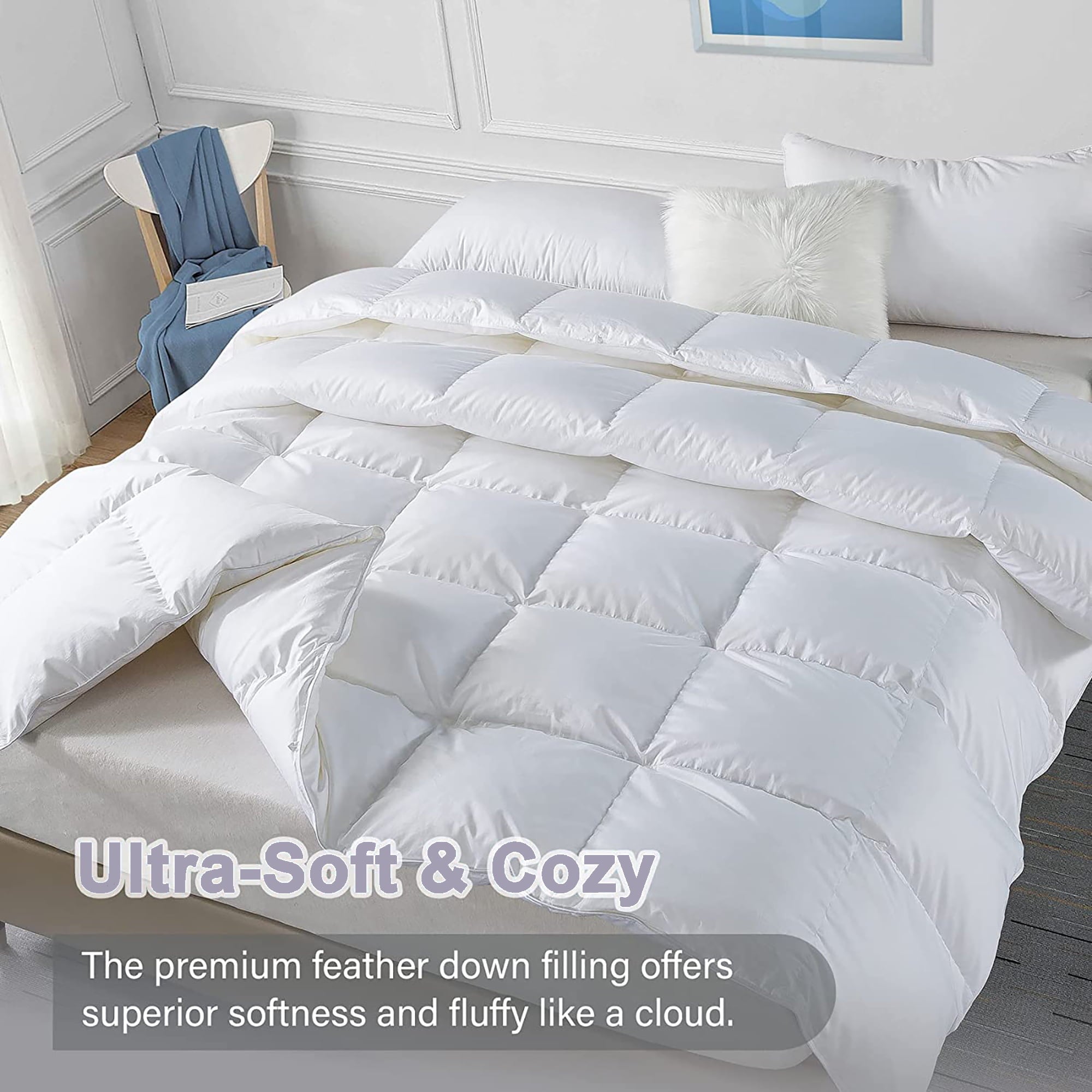 WhatsBedding Down Comforter Feather Duvet Insert Cotton White Goose Duck Down Comforter All Season Summer Solid， Queen