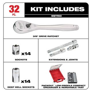 MW 38 in. Drive Metric Ratchet and Socket Mechanics Tool Set with PACKOUT Case (32-Piece) 48-22-9482