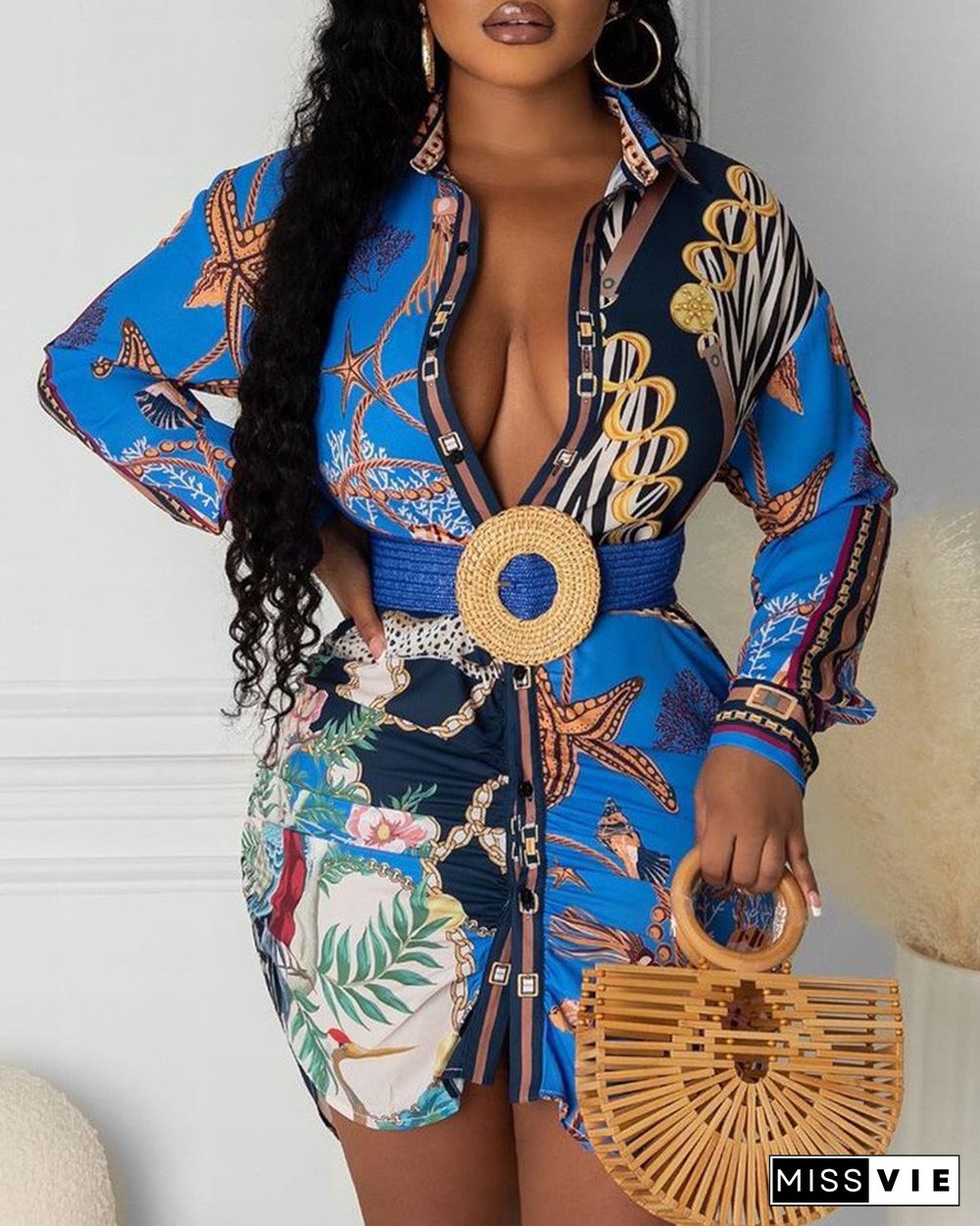 Tropical Graphic Print Long Sleeve Shirt Dress