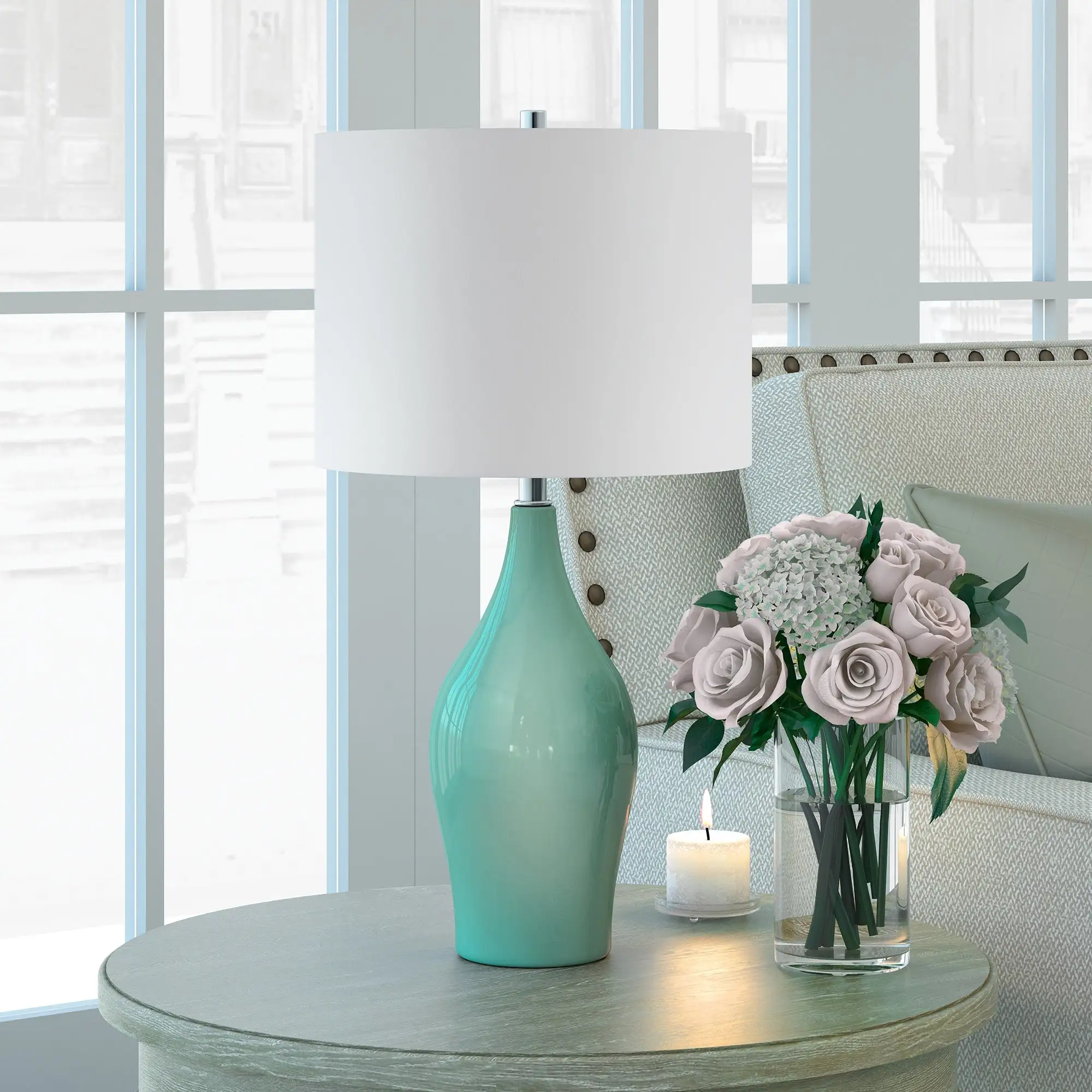 Niklas Ceramic Table Lamp in Teal Blue and Taupe with Linen Shade