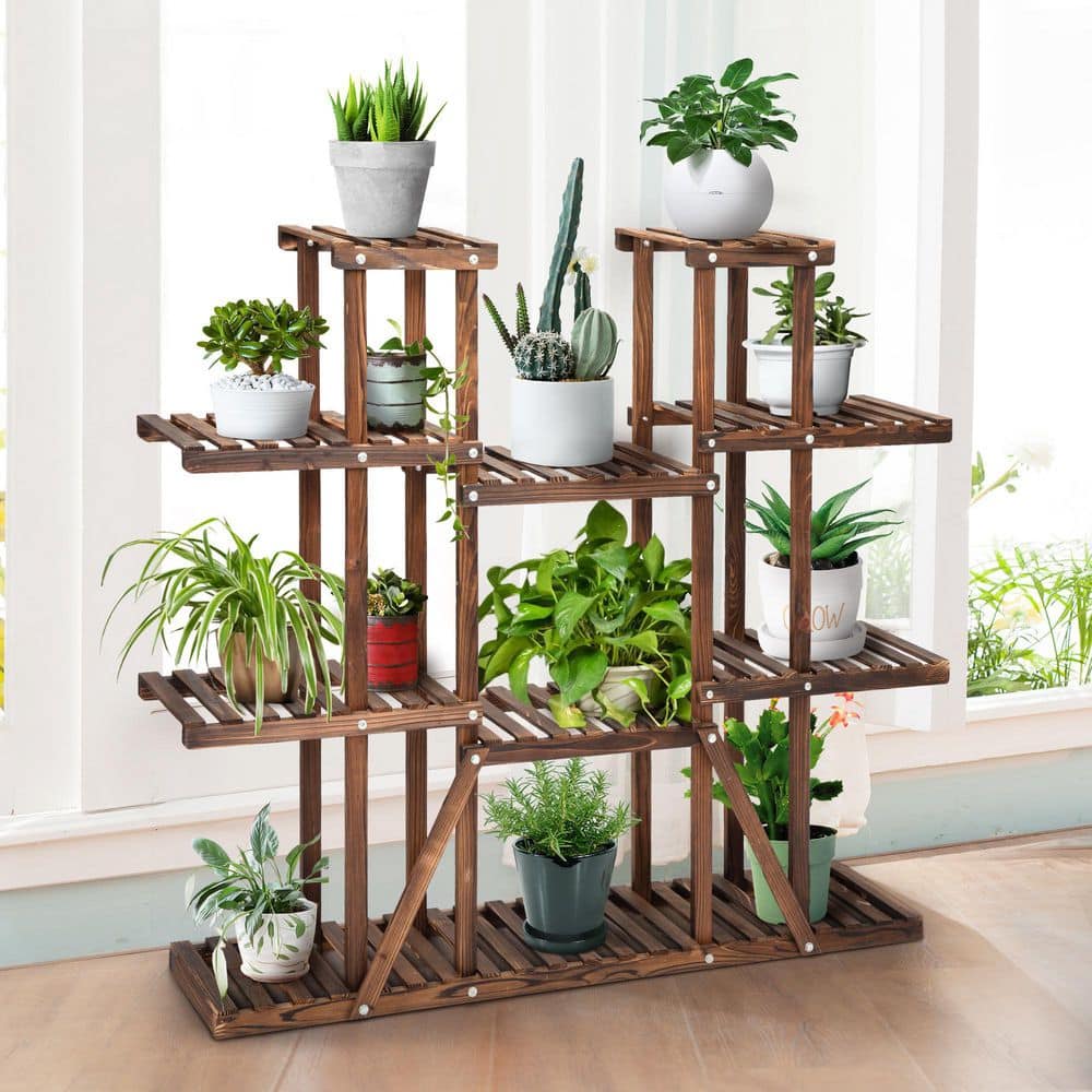 JAXPETY 44.4 in. Wooden Plant Stand Table Flower Pot Holder (6-Tier) Indoor/Outdoor， Brow HG61X0993