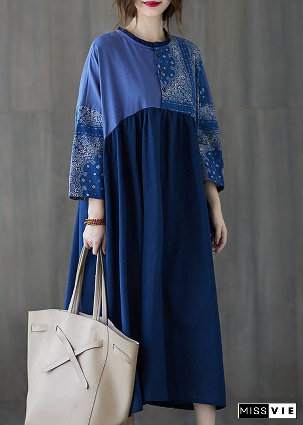 Classy Blue Ruffled Print Cotton Long Dress Spring