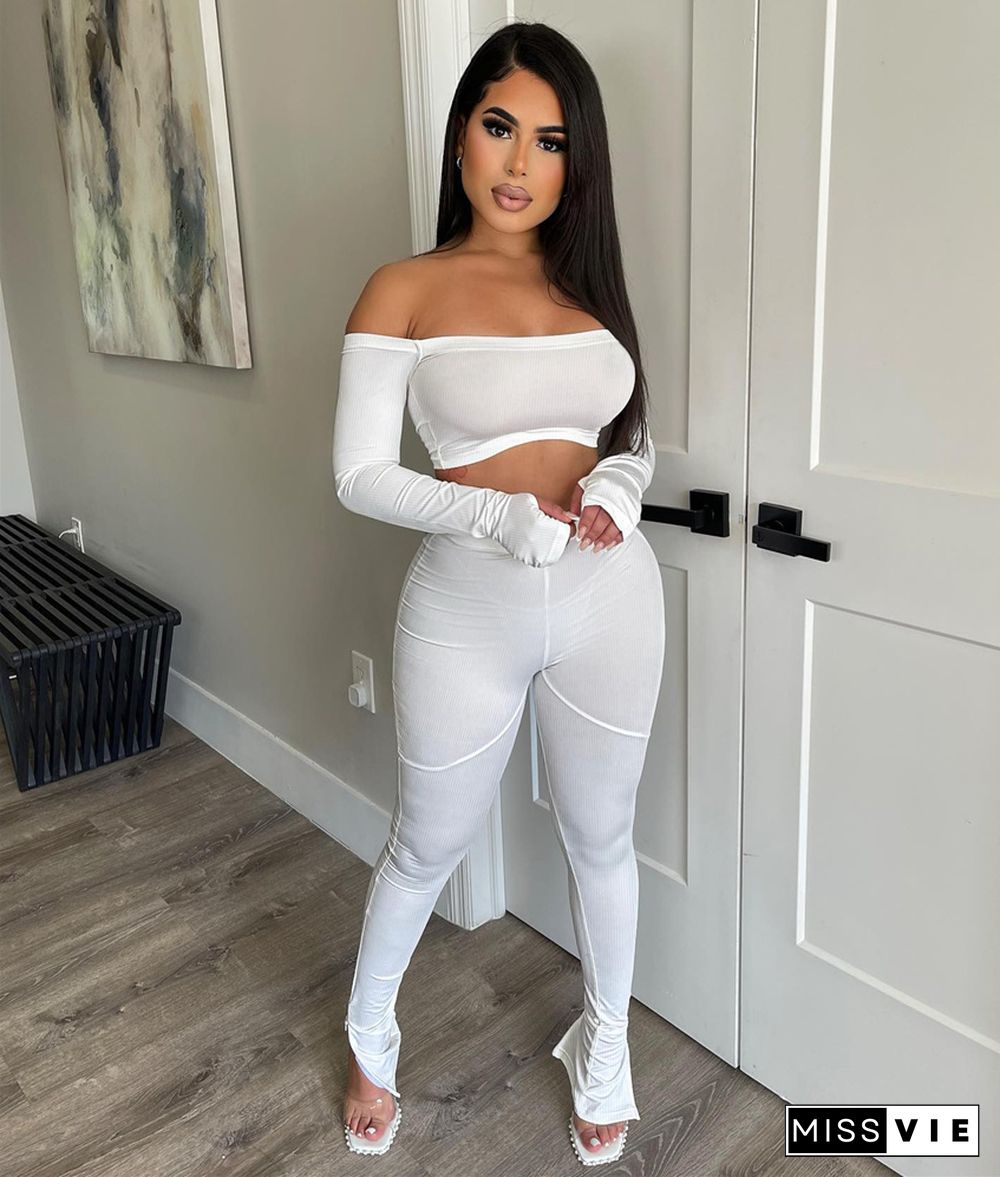 Ribbed Off Shoulder Crop Tops High Waist Pants Suit