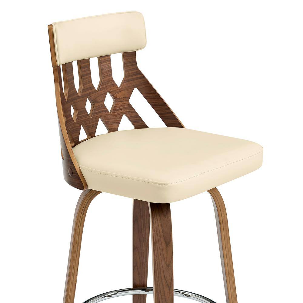 Armen Living Crux 30 in. Bar Height High Back Swivel Bar Stool in Cream Faux Leather and Walnut Wood LCCXBAWACR30