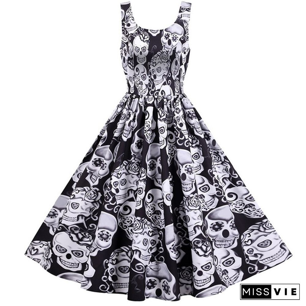 Women Halloween Party Dress Sleeveless Skull Pumpkin Printed Swing Dress