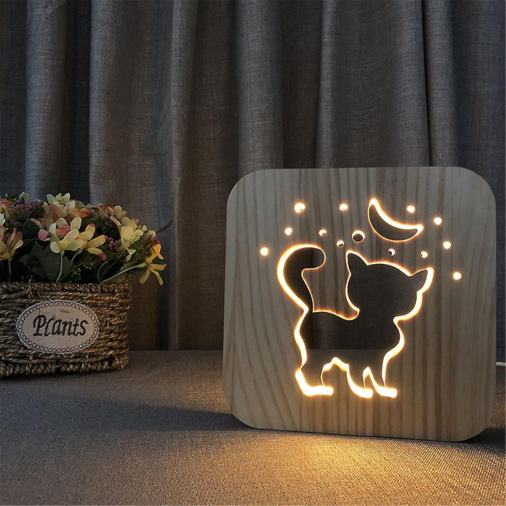 3d Kitten Wood Table Lamp Led Usb Charging Table Nightlight For Home Bedroom