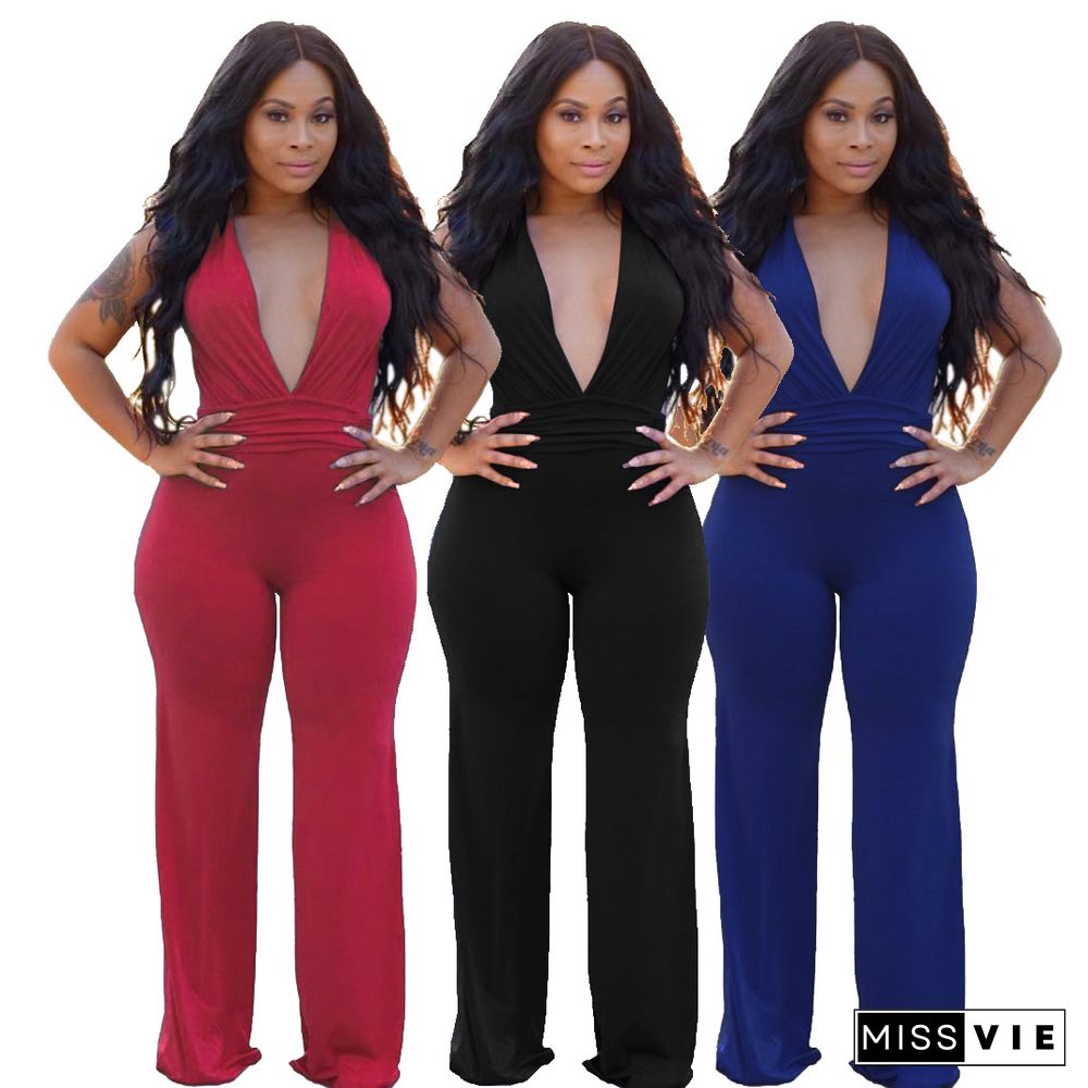 Sexy Deep V Loose Straight-legs Jumpsuit