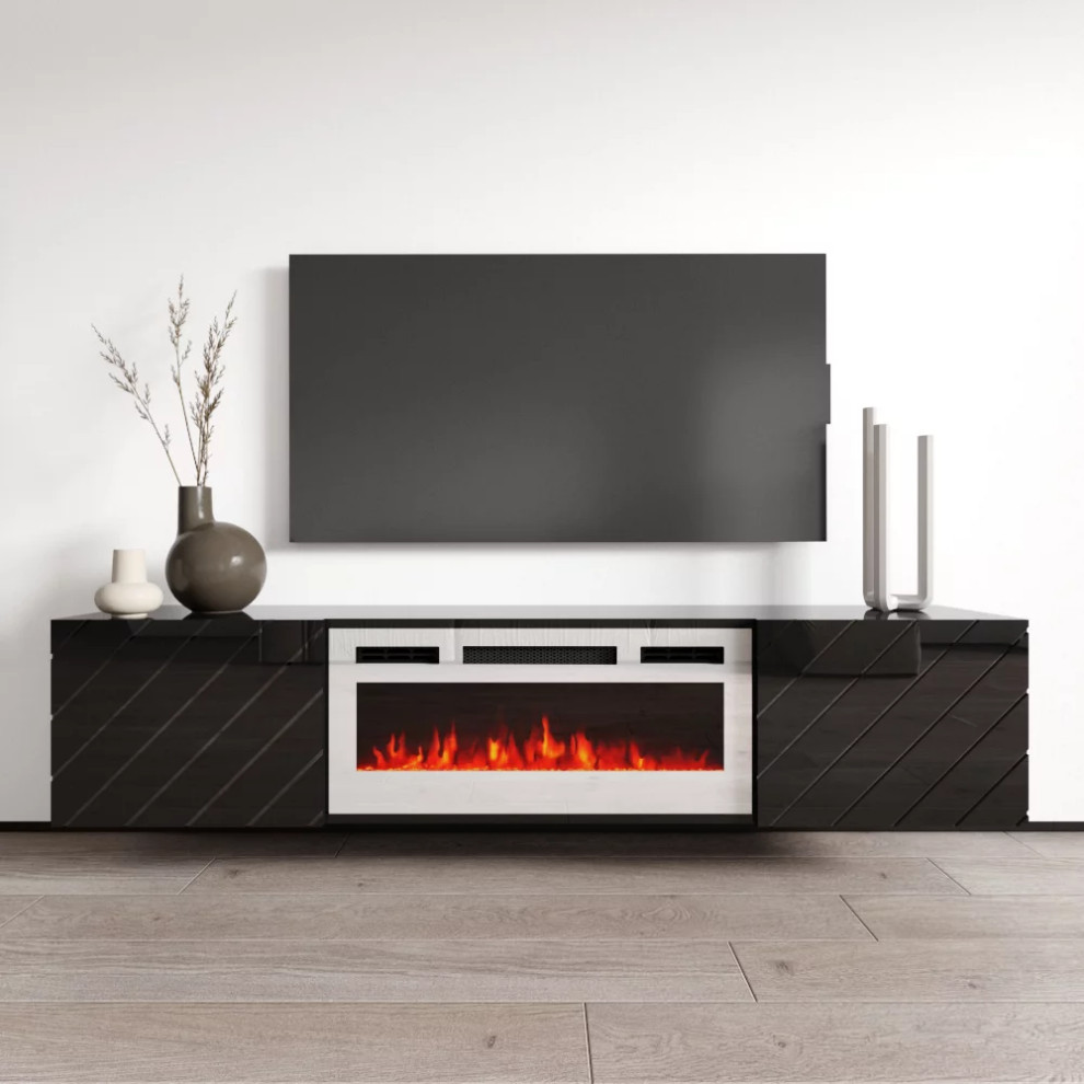 Modern Wall Mounted TV Stand  Linear Patterned Doors  ampFireplace   Modern   Entertainment Centers And Tv Stands   by Declusia  Houzz