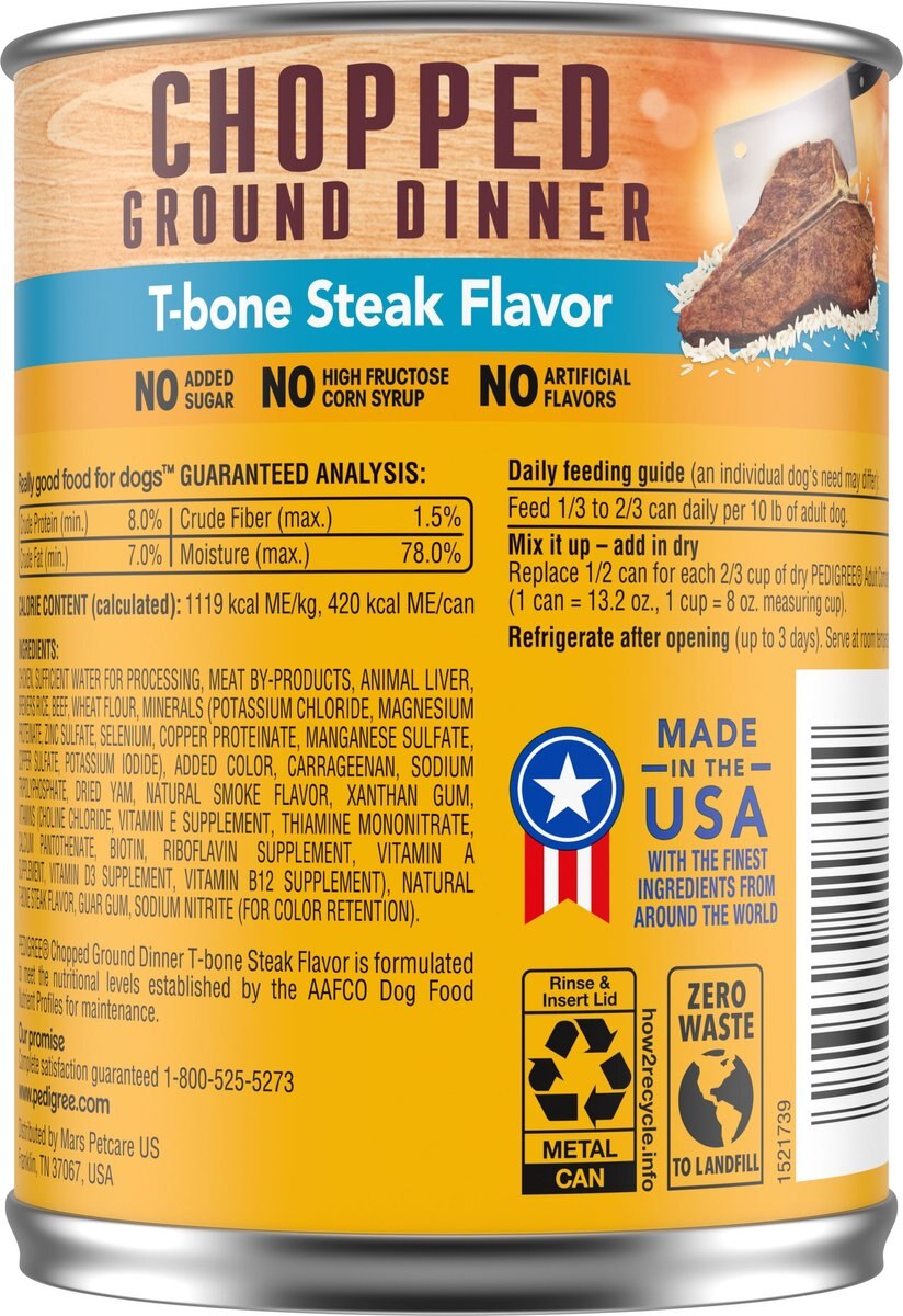 Pedigree Chopped Ground Dinner T-Bone Steak Flavor Adult Canned Wet Dog Food， 13.2 oz， case of 12