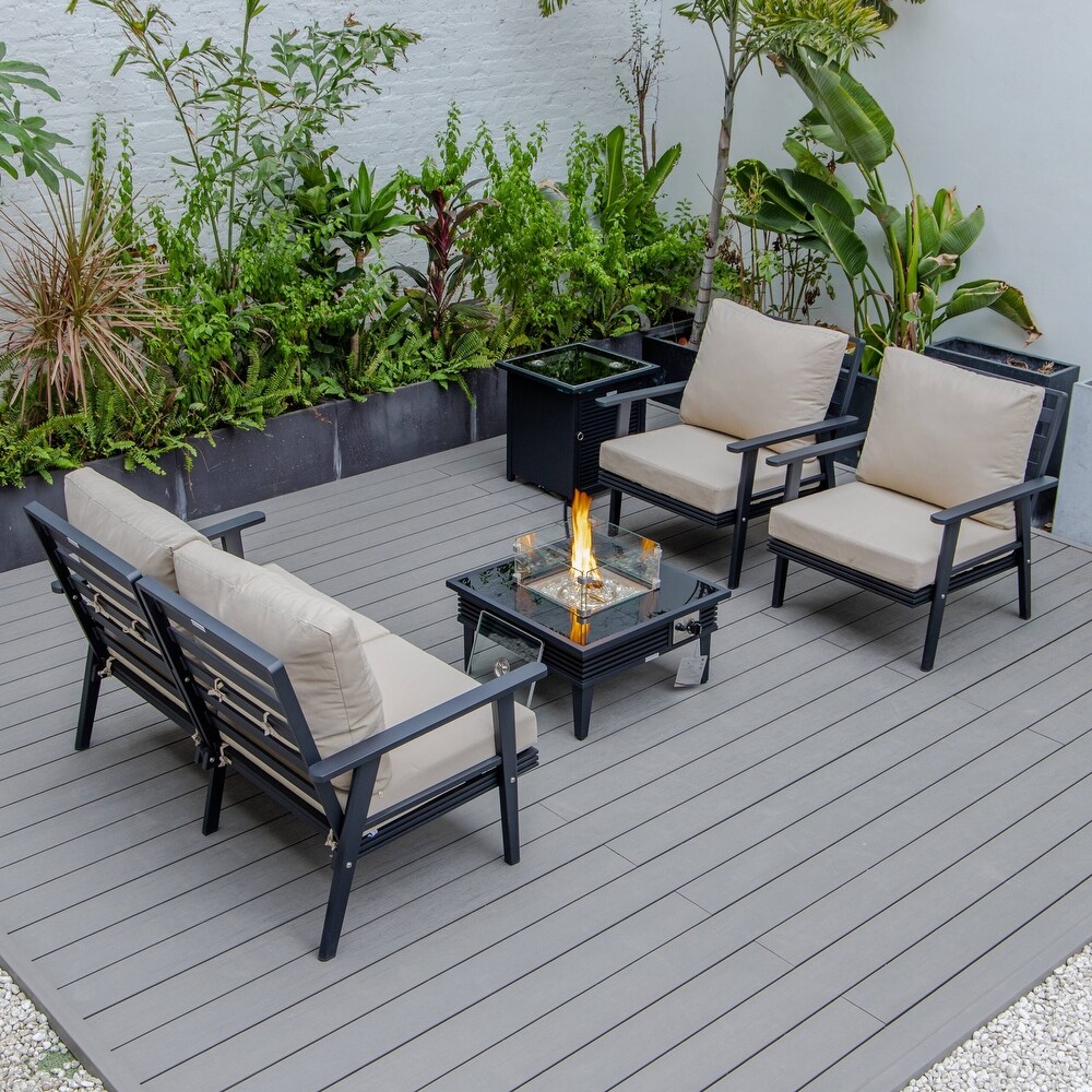 LeisureMod Walbrooke Modern Patio Conversation Set With Fire Pit Table