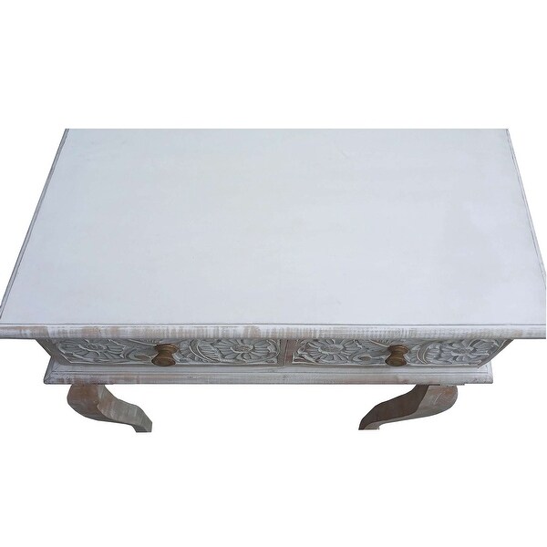 2 Drawer Mango Wood Console Table with Floral Carved Front， Brown and White