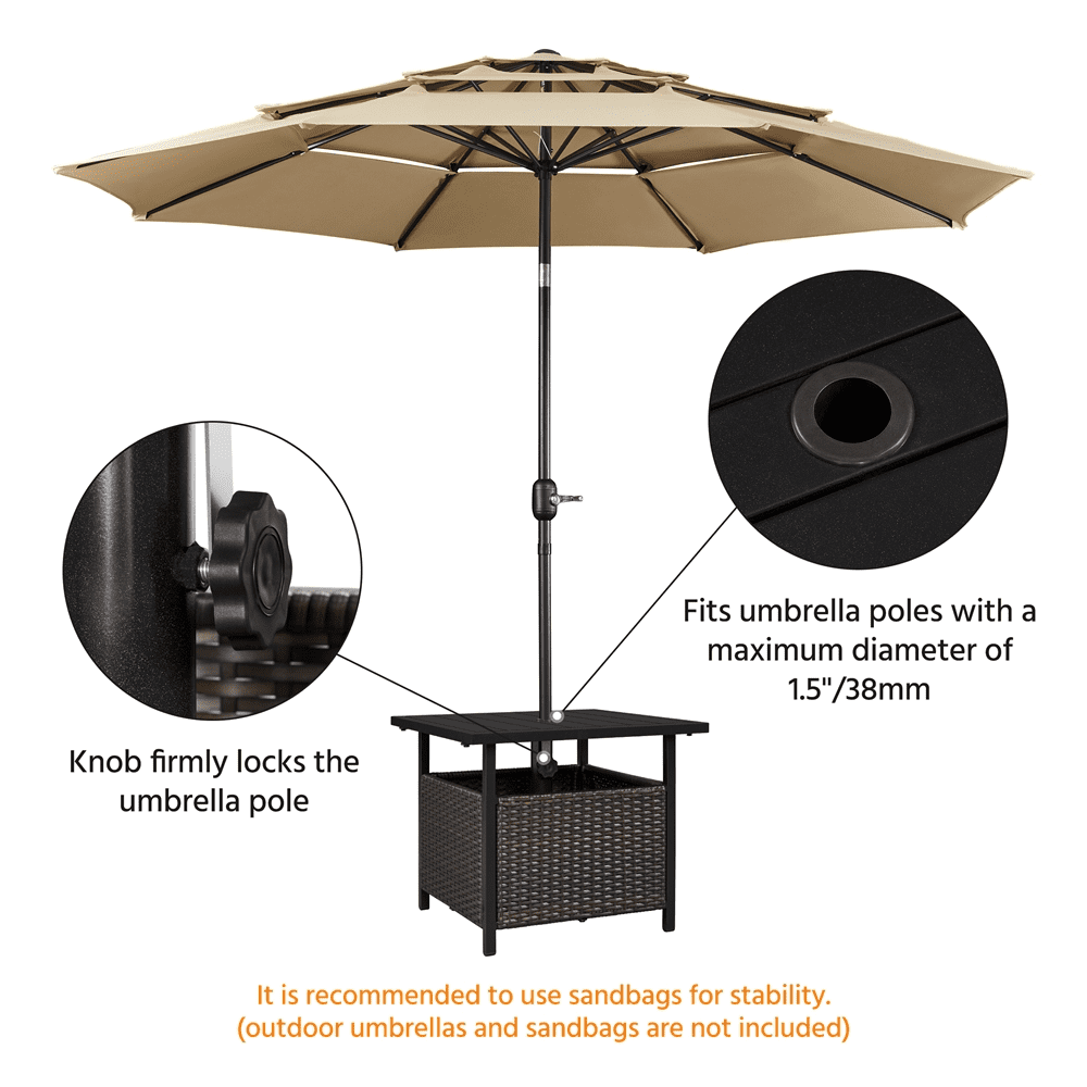 Easyfashion Outdoor Rattan Side Table with Umbrella Tube, Brown