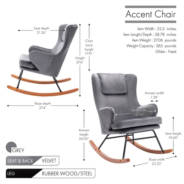 Porthos Home Dax Rocking Accent Chair， Velvet， Rubber Wood and Steel Legs