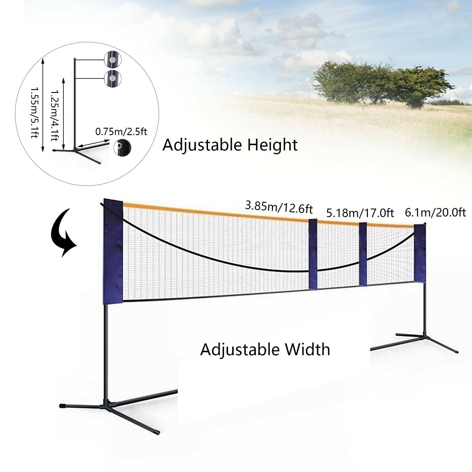 OUKANING Portable 20ft Badminton Net Set Tennis Volleyball Net Adjustable Height & Width