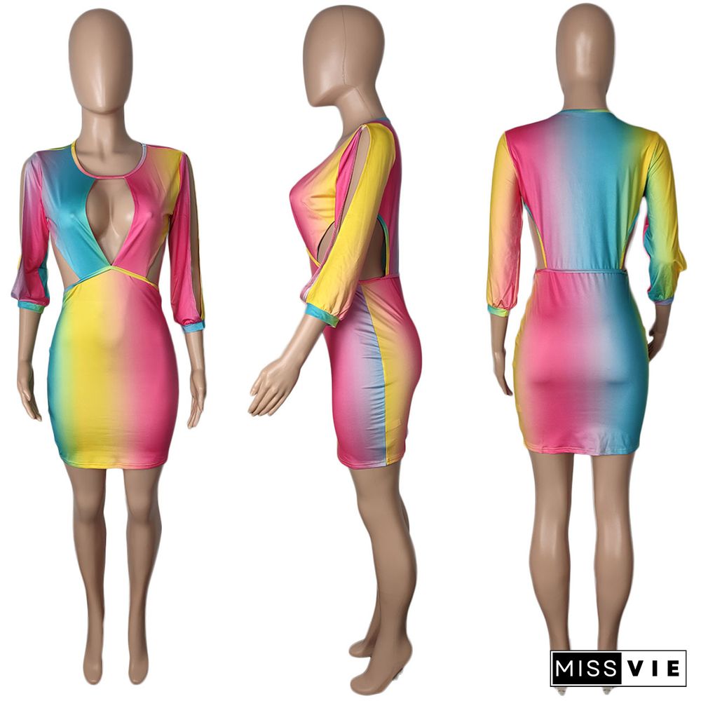 Women Sexy Gradient Patchwork Bodycon Hollow Out Long Sleeve O Neck Summer Party Mini Dresses