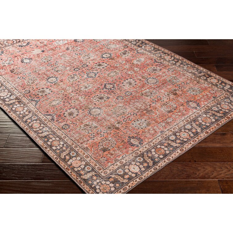 Bria Machine Washable Oriental Dusty Coral/Brick Red Area Rug