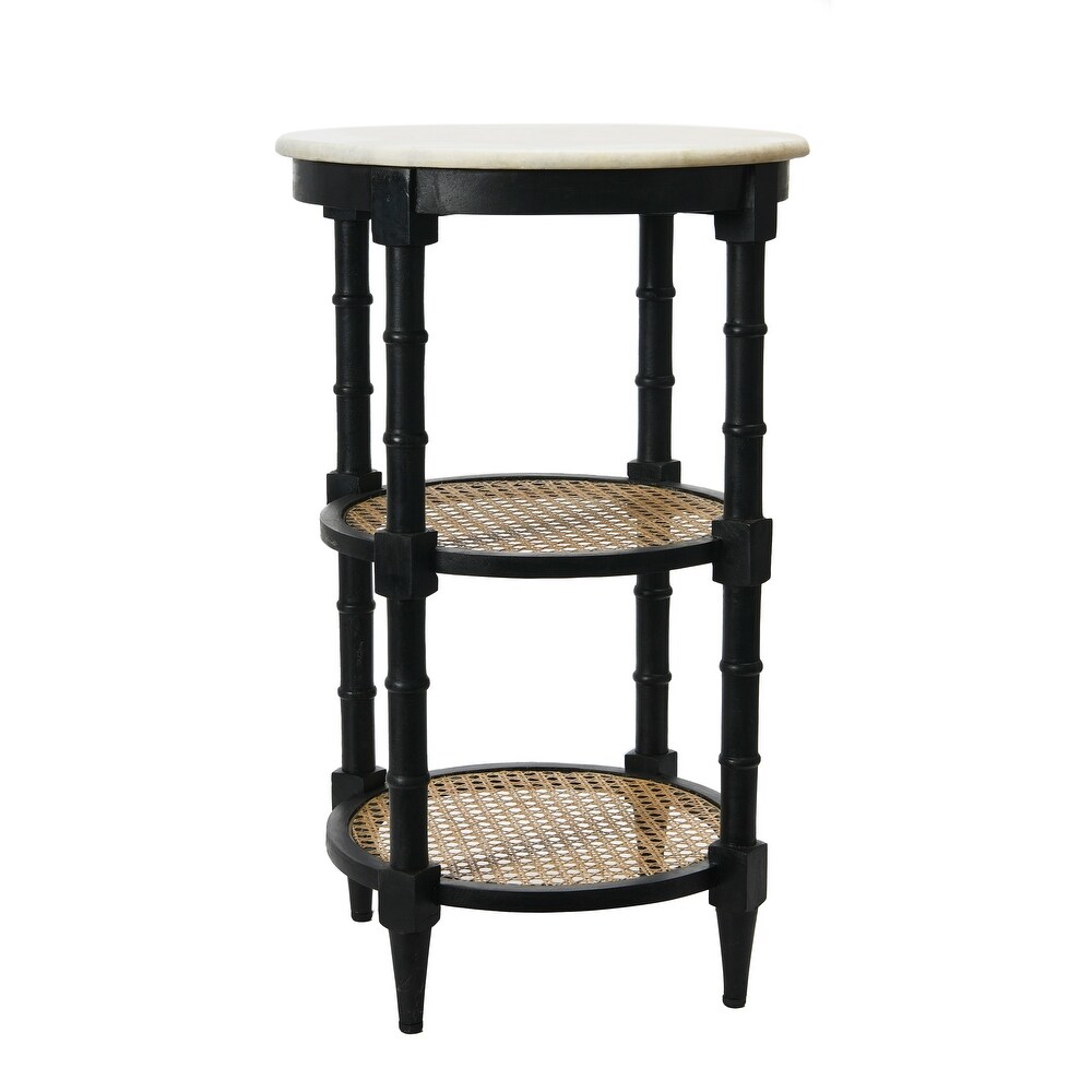 End Table with Genuine Marble Top and 2 Woven Cane Storage Shelves