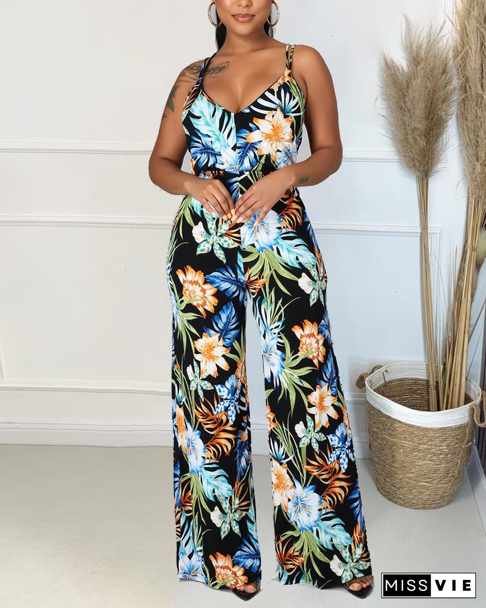 Floral Print Criss Cross Back Cami Jumpsuit