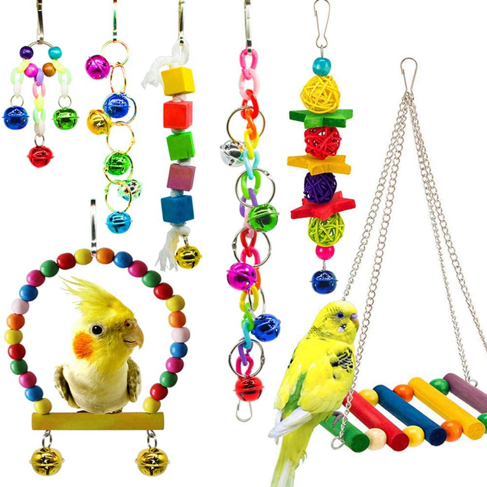 Hommtina 7 Pack Bird Parrot Toys， Colorful Bird Chewing Toys Swing Toy Hanging Toy Bird Cage Toys or Small Parakeets Cockatiels， Conures， Macaws， Parrots， Love Birds， Finches