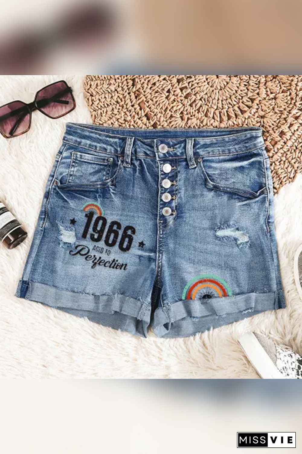 Rainbow Print Ripped Jean Shorts Wholesale