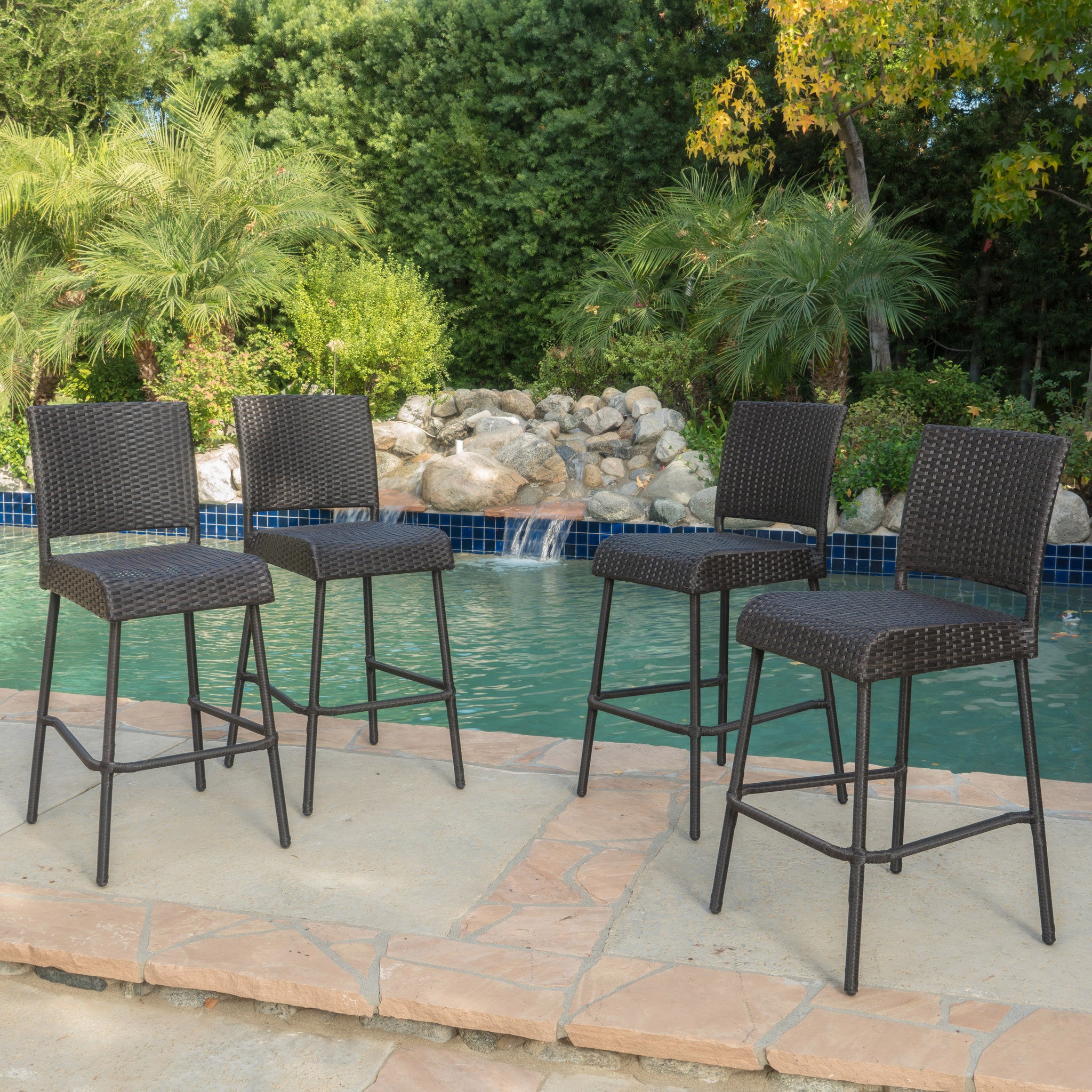 Sandy Hook 29-Inch Outdoors Dark Brown Wicker Barstools (Set of 4)