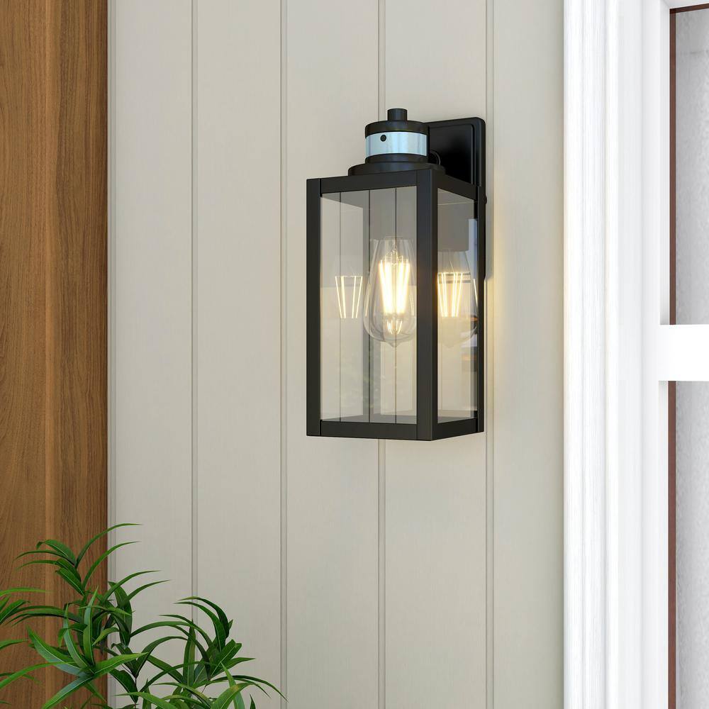 Uixe 12 in. 1-Light Matte Black Motion Sensing Dusk to Dawn Outdoor Wall Lantern Sconce Sensor SSL-12121-MS