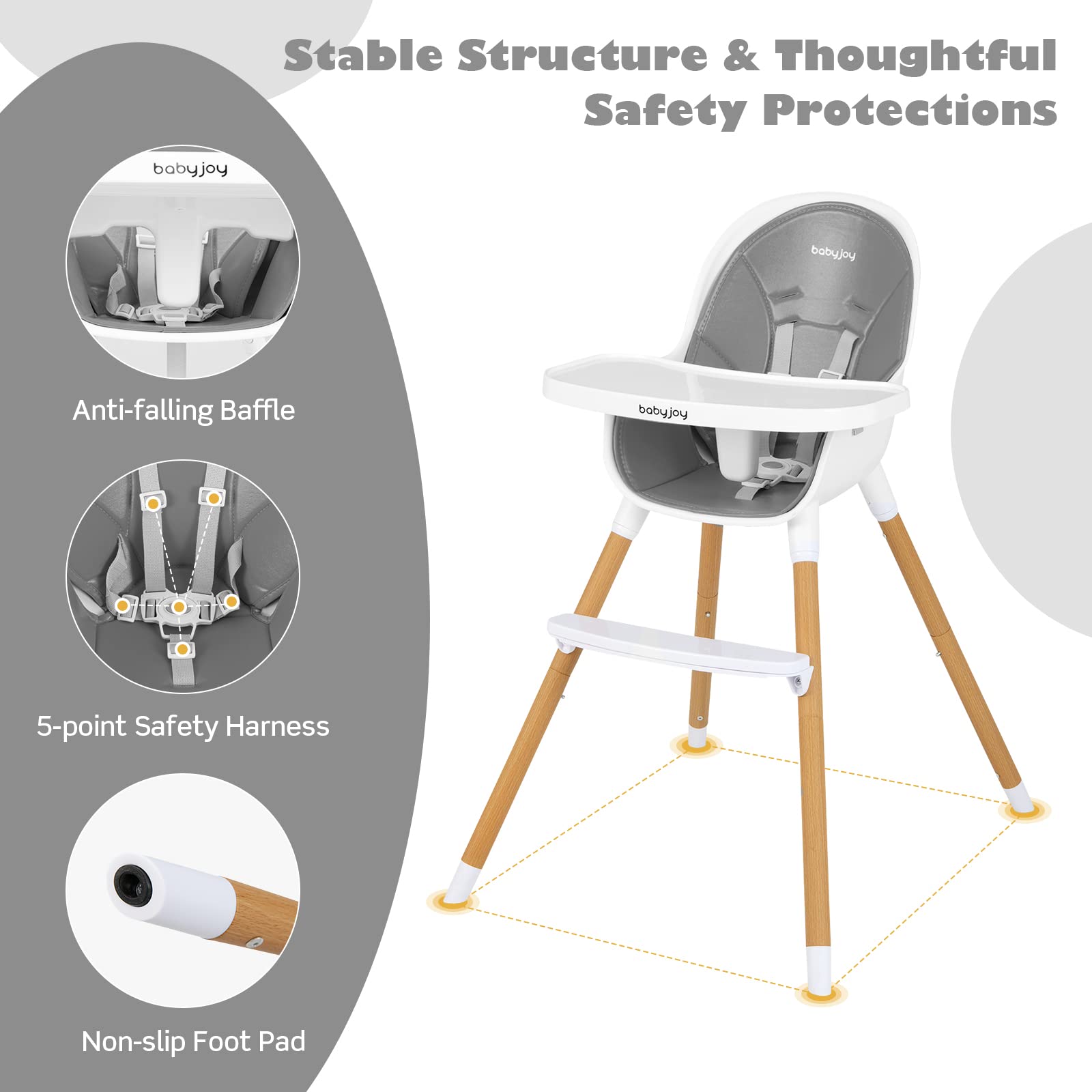 Convertible Baby High Chair, 3 in 1 Highchair, Iron Legs(Wood Grain)