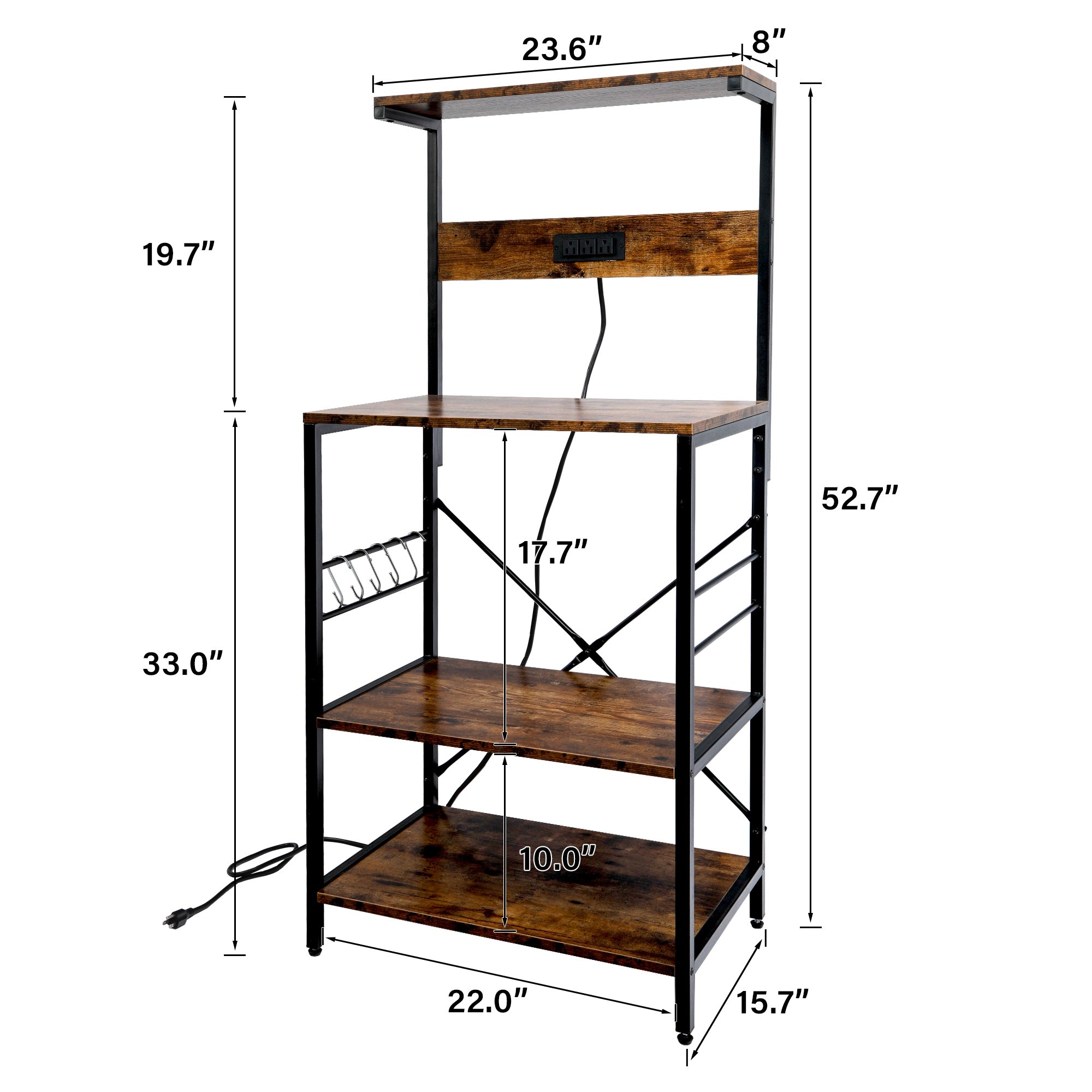 TC-HOMENY 4-Tier Bakers Rack with Power Outlet, Kitchen Storage Shelf with 5 S-Shaped Hooks, Kitchen Microwave Stand, Coffee Station Utility Storage Shelf for Kitchen