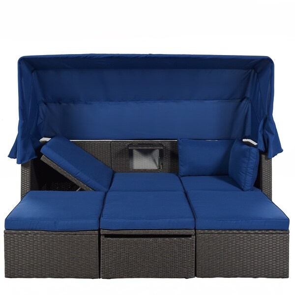 Roomfitters Outdoor Patio Rectangle Daybed with Retractable Canopy，Wicker Sectional Seating with Washable Cushions