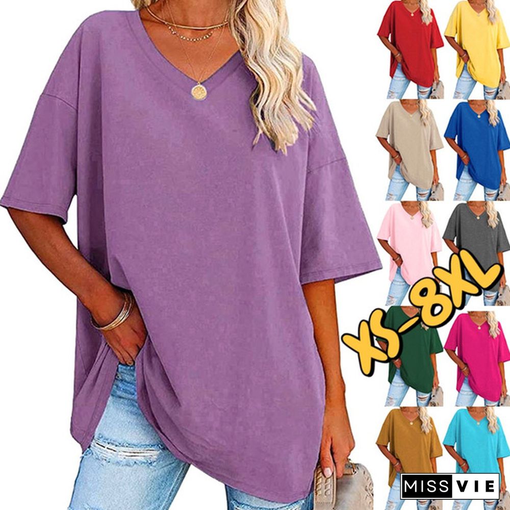 XS-8XL Spring Summer Tops Plus Size Fashion Clothes Women's Casual Short Sleeve Tee Shirts Ladies O-neck Blouses Solid Color Oversized Pullover Tops Half Sleeve Loose T-shirt Beach Wear Cotton T-shirt