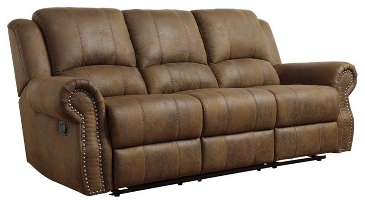 Classic Reclining Sofa  Microfiber Upholstery  ampRolled Arms With Nailhead  Brown   Transitional   Sofas   by Decorn  Houzz