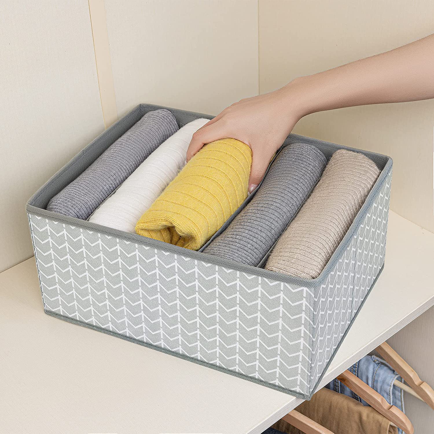 DIMJ Drawer Organizers for Clothing, Fabric Clothes Organizer with Cardboard, 5 Grids Drawer Dividers for Clothes, Jeans, Skirts, Wardrobe, Closet, Drawer, 2 Packs, Grey and White