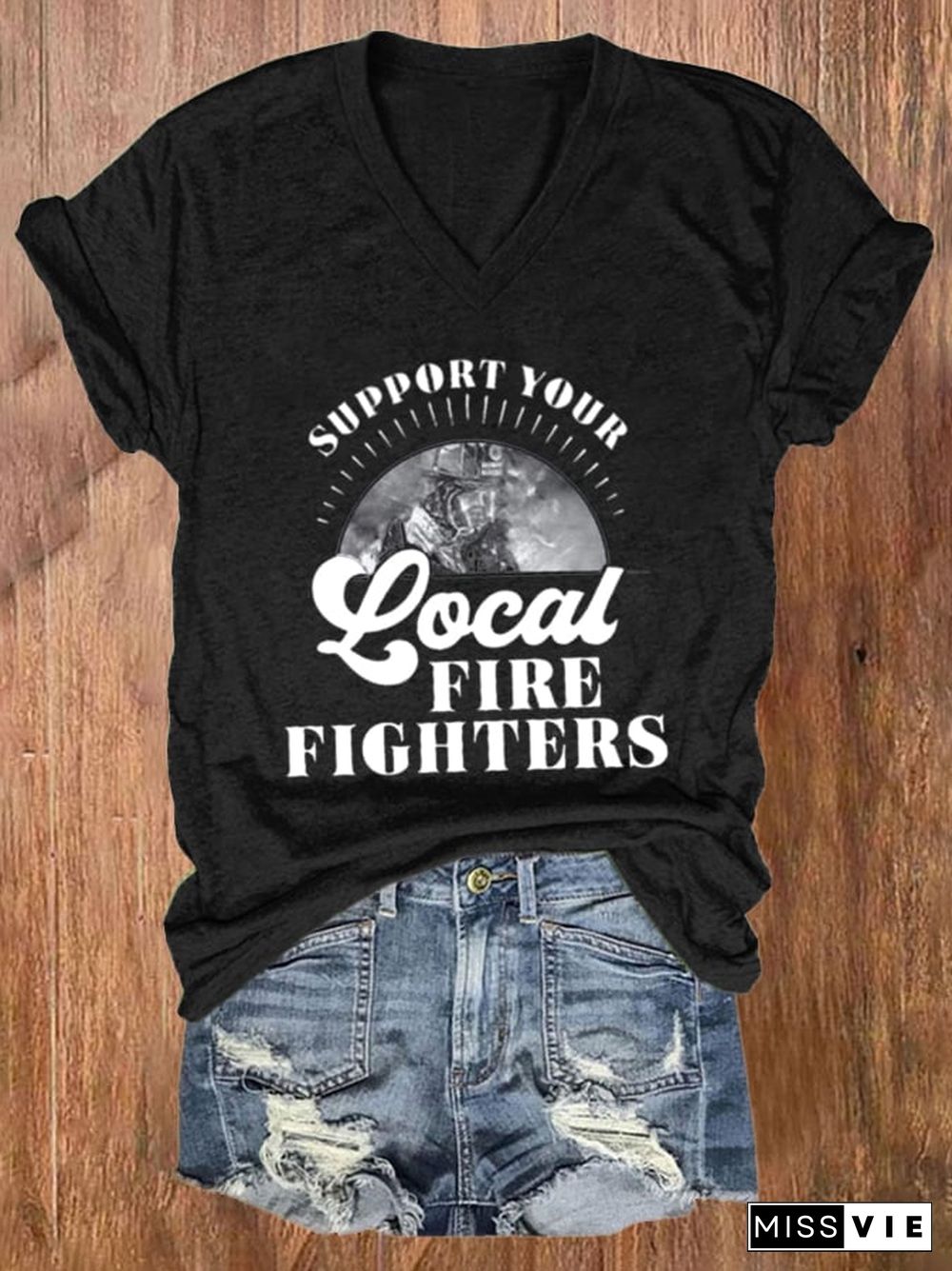 Women'S Please Support Your Local Firefighters Print Short Sleeve Casual T-Shirt