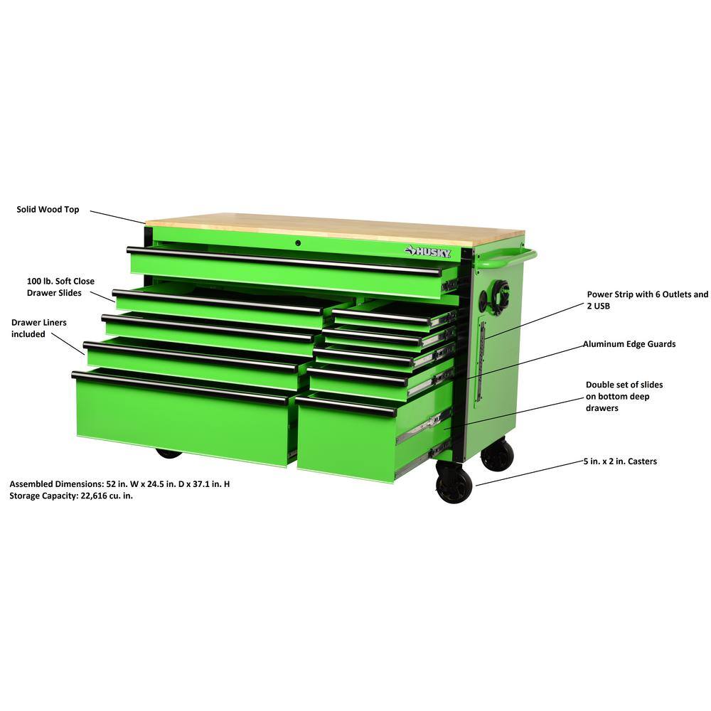 Husky 52 in. W x 24.5 in. D Standard Duty 10-Drawer Mobile Workbench Tool Chest with Solid Wood Work Top in Gloss Green H52MWC10GRN