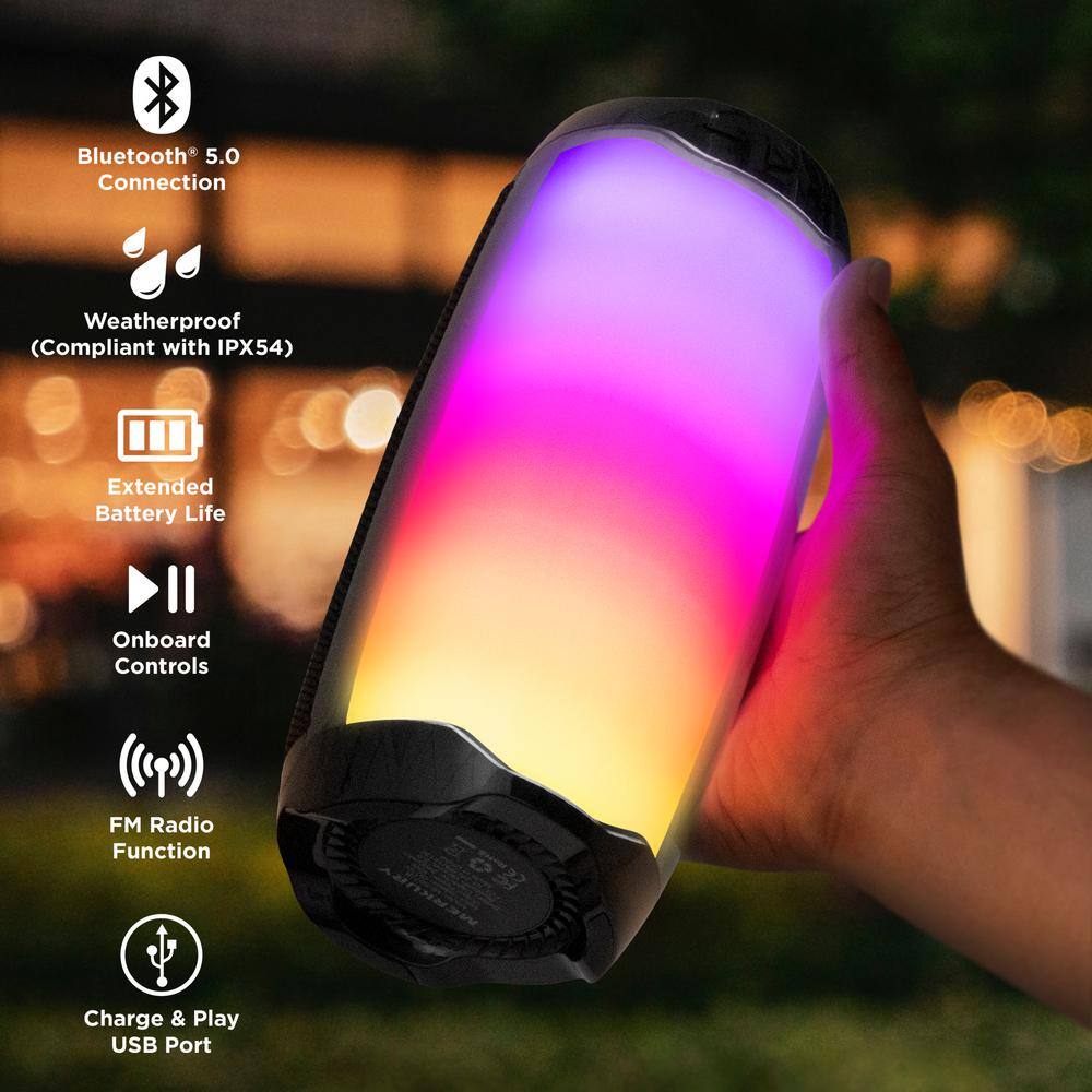 Merkury Innovations Thrill Bluetooth Battery Powered Speaker with Color Changing Lights and Weatherproof Design MI-S073B-101