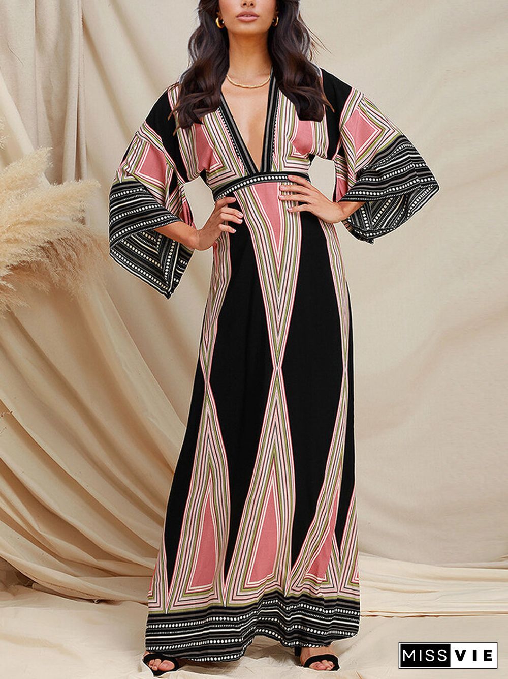 Vintage Geo Printed Deep V-neck Bell Sleeve Maxi Dress