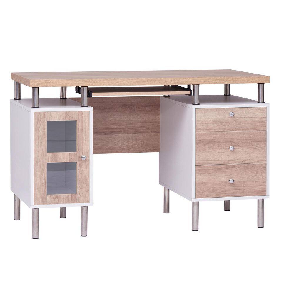 MAYKOOSH 47.2 in. W WhiteNatural Contemporary 2-Tone Desk Rectangular 3-Drawers Executive Desk Cabinet 11225HD