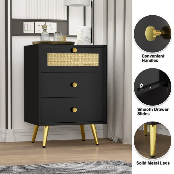 Anmytek 3-Drawer Wooden Black Side Table Mid Century Rattan Nightstand Side Table End Table