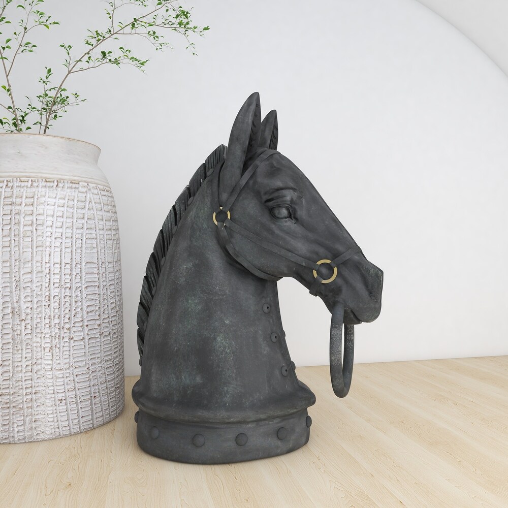 Black Polystone Antique Style Head Horse Sculpture with Hitching Post and Gold Accents   9 x 6 x 12