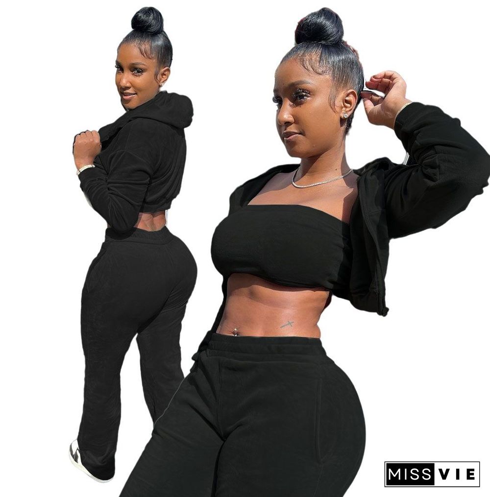 Velvet Zip Hooded Crop Top+Wrap Chest+Pants Set