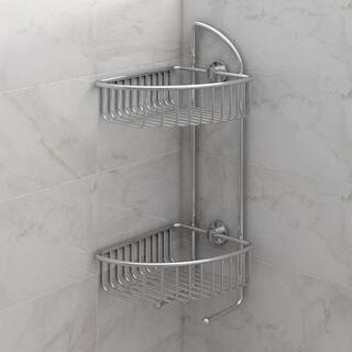 No Drilling Required Draad Rustproof Solid Brass Shower Caddy 16 in. Double Shelf Corner Mount with Hook in Chrome DK210-CHR