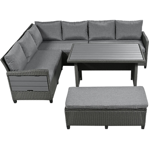 5piece Patio Rattan Sofa Furniture Set Garden Lshaped Wicker Couch Outdoor Conversation Set with 2 Extendable Side Tables