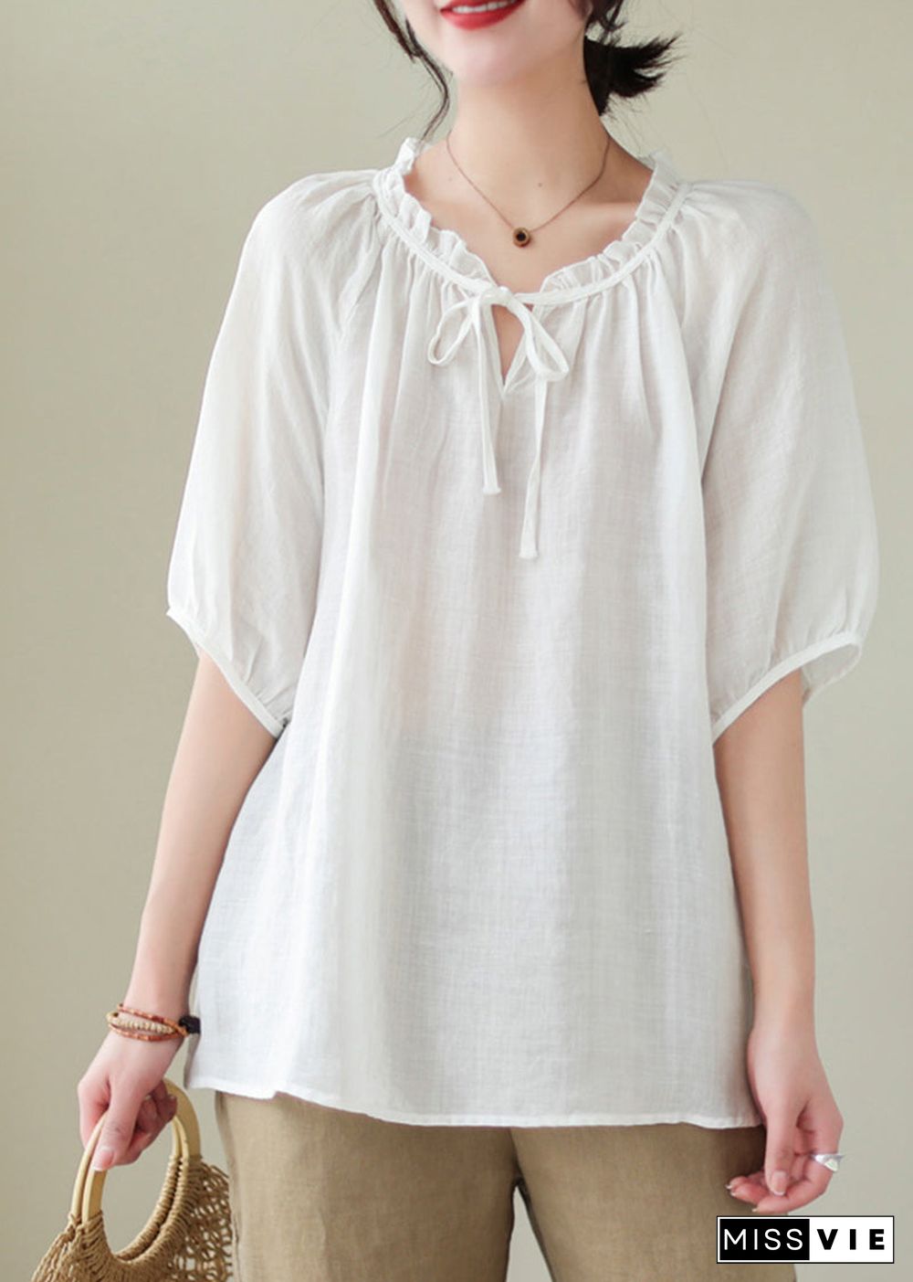 Modern White Lace Up Ruffled Linen Shirts Summer