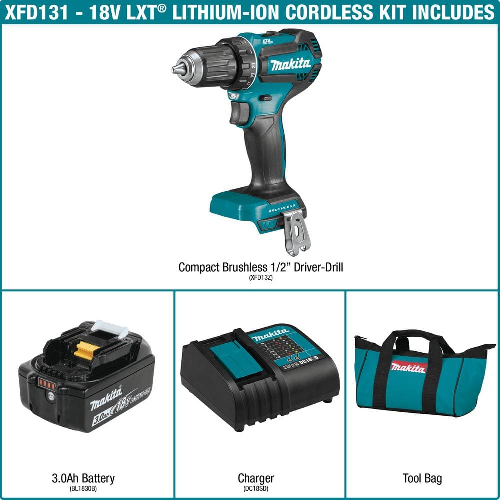 Makita 18V LXT Lithium-Ion Brushless Cordless 1/2 in. Driver-Drill Kit, 3.0Ah XFD131