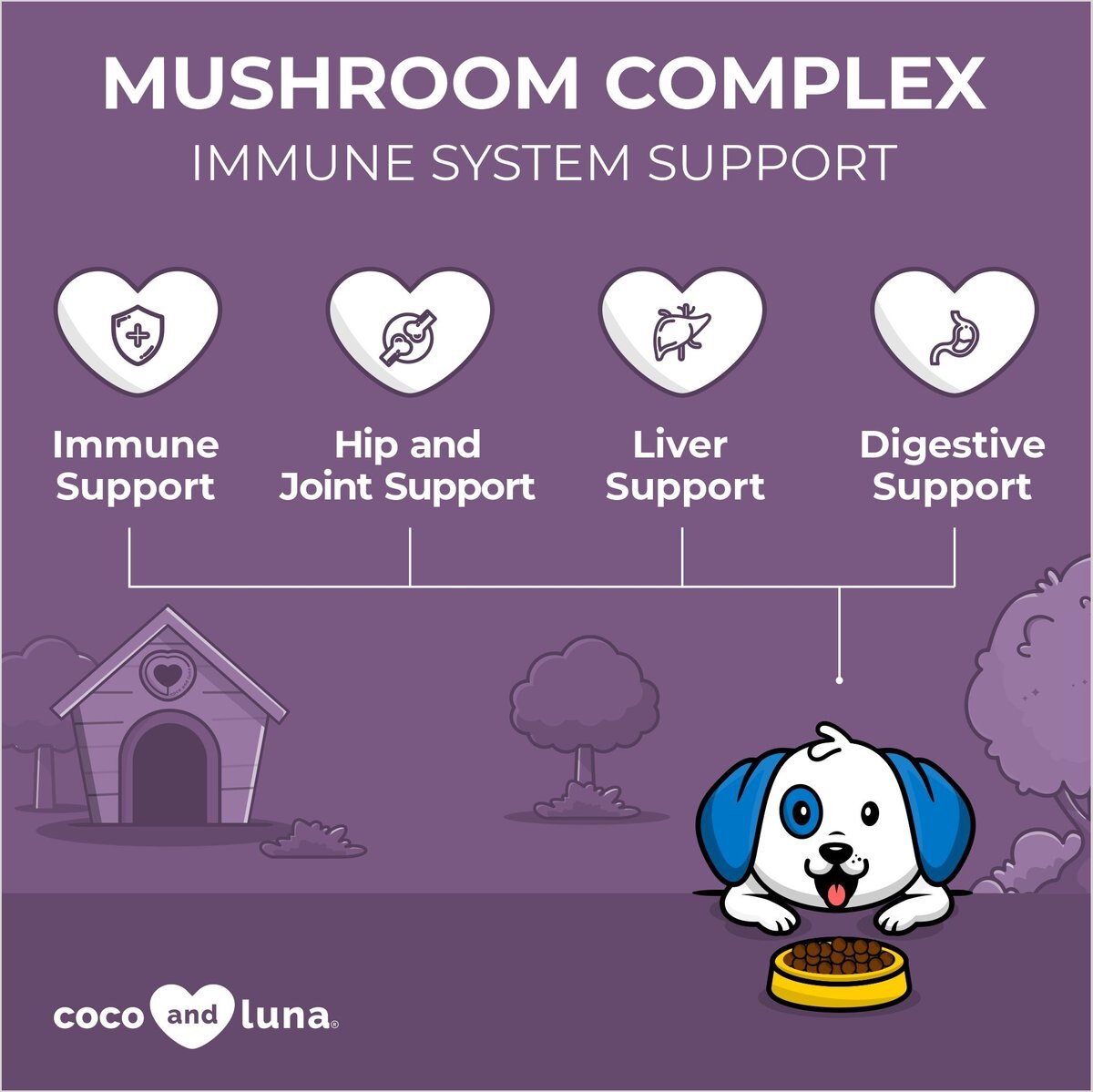 Coco and Luna Mushroom Complex Immune System Support Bacon and Liver Flavor Chewable Tablets Dog Supplement， 120 count