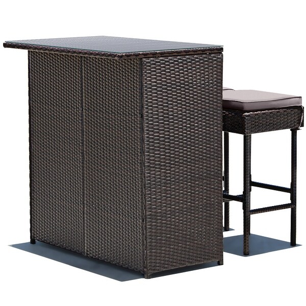 Costway Patio 3PCS Rattan Bar Table Stool Set Cushioned Chairs with